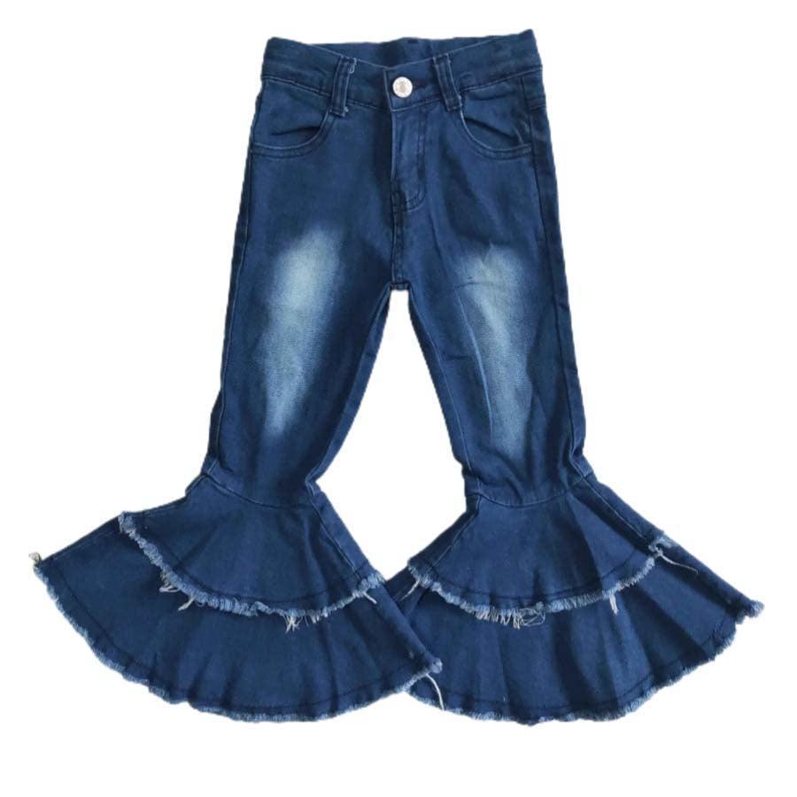 Blue Sandblasted Denim Two Ruffle Flare-bottom Pants