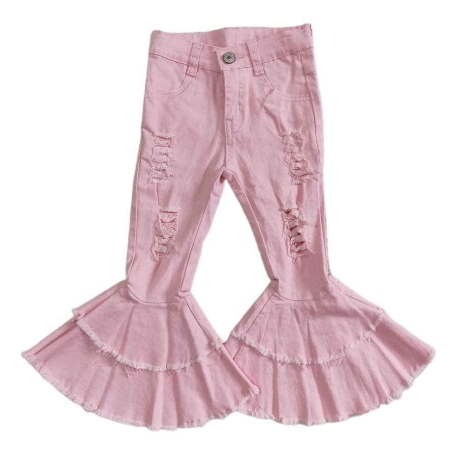 Light Pink Distressed Denim Two Ruffle Flare-bottom Pants