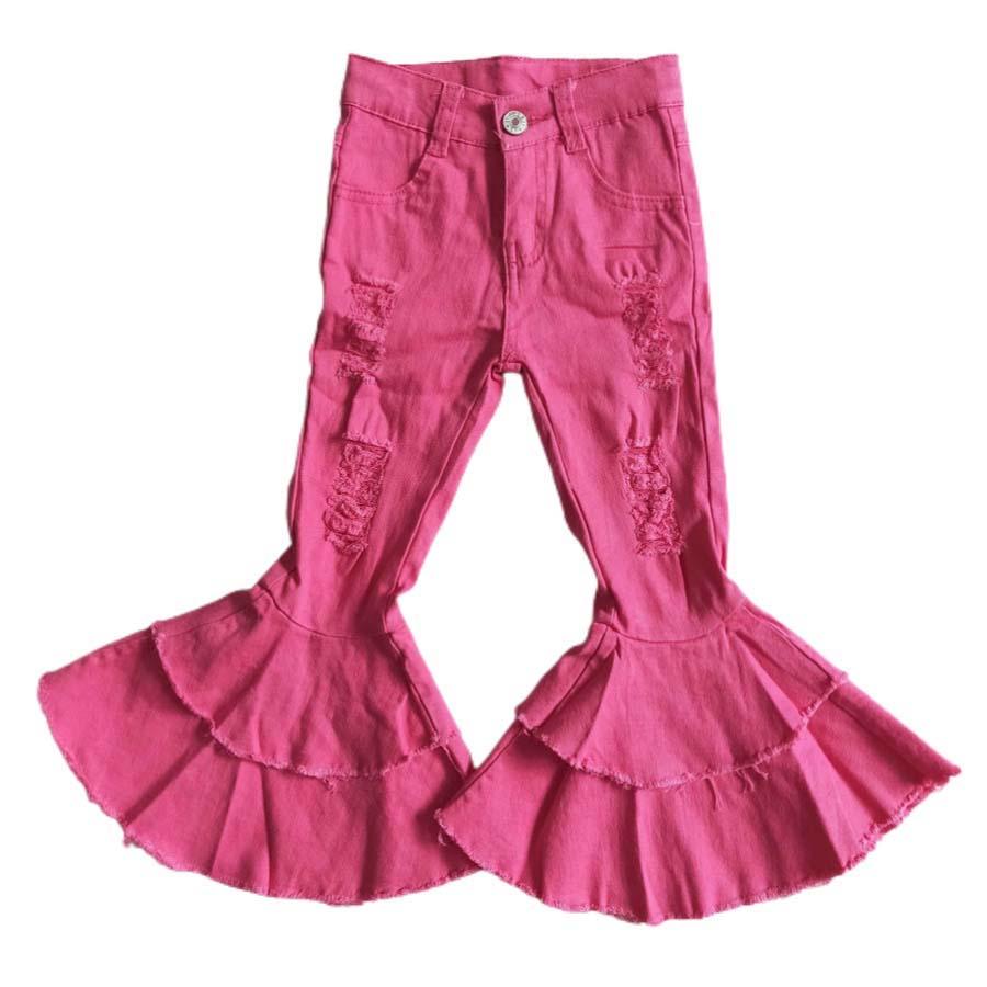 Barbie Pink Distressed Denim Two Ruffle Flare-bottom Pants