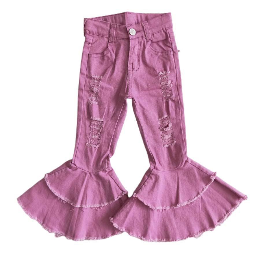 Pink Distressed Denim Two Ruffle Flare-bottom Pants