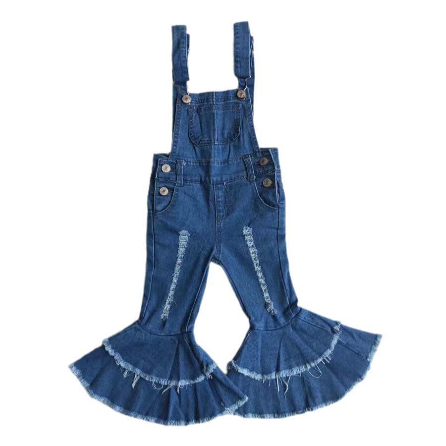 Blue Distressed Denim Two Ruffle Flare-bottom Overalls
