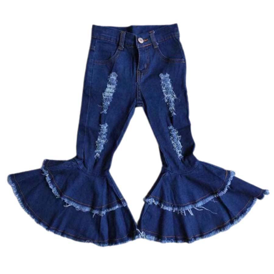 Blue Distressed Denim Two Ruffle Flare-bottom Pants