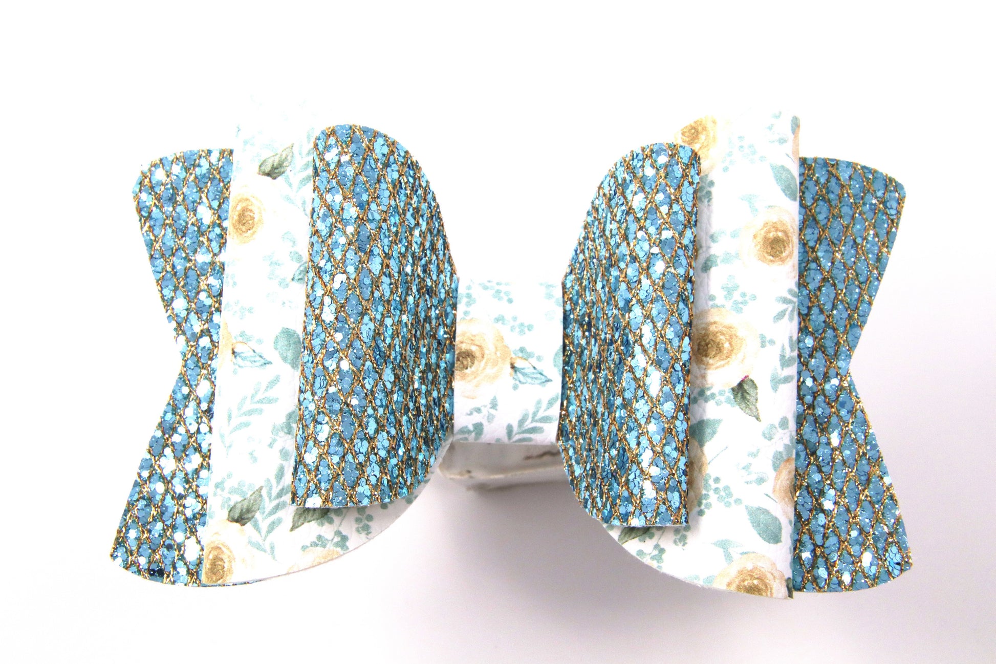 Yellow Roses on Teal Embossed Double Diva Bow