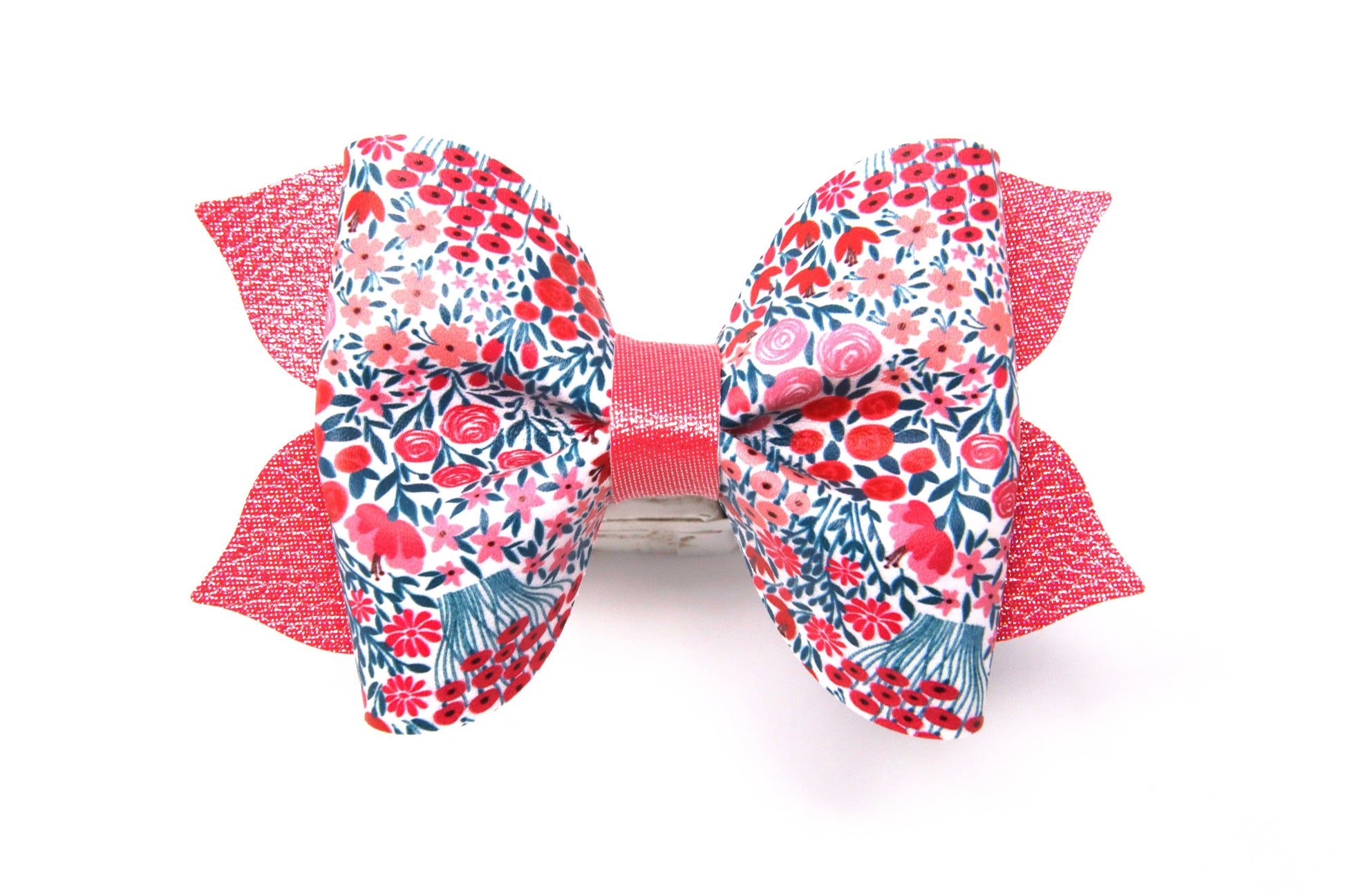 Coral & Green Floral Pixie Pinch Bow 4"