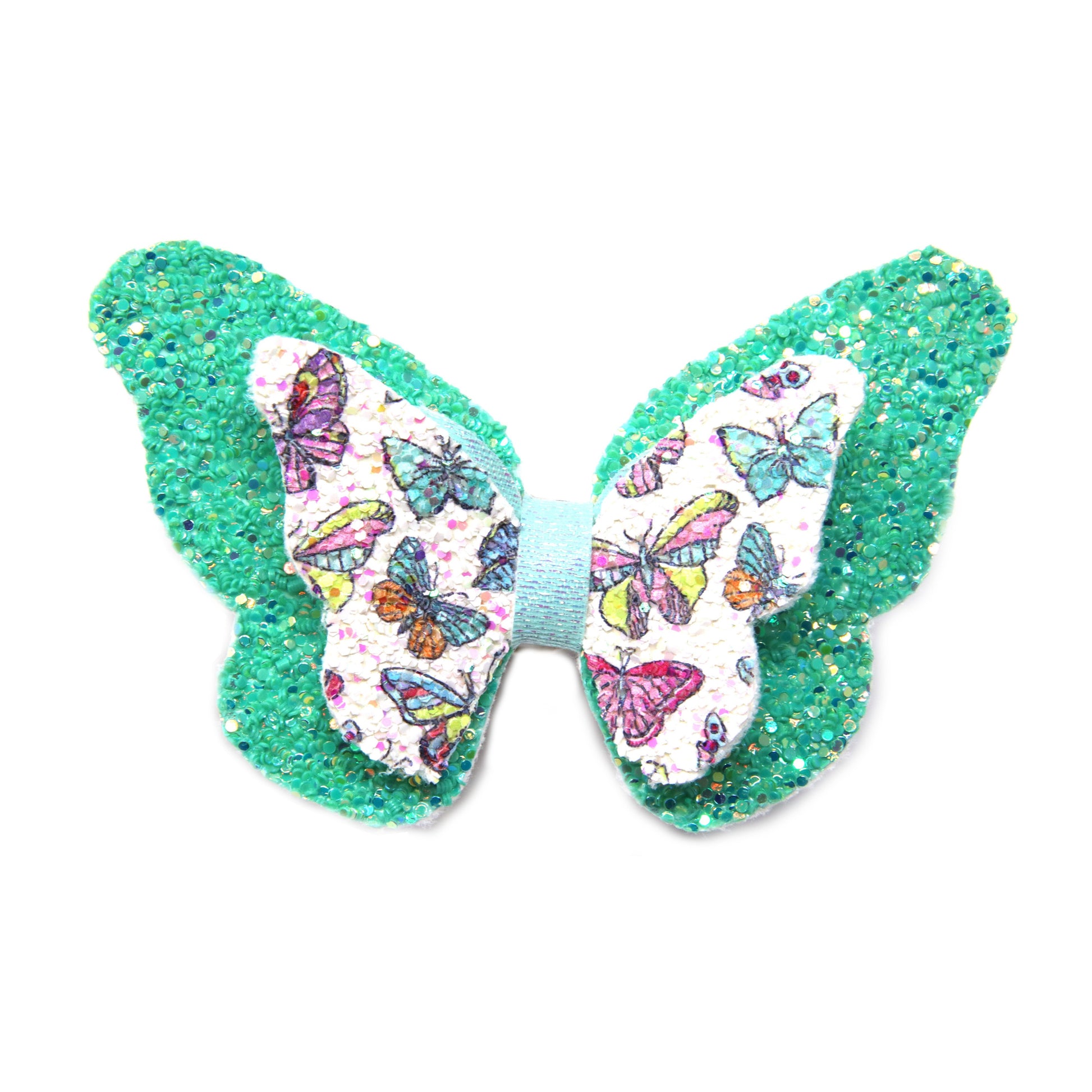 3.5 inch Multicolored Glitter Butterflies on Seafoam Glitter Silvermist Butterfly Bow