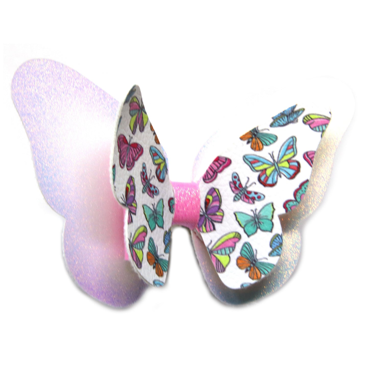 3.5 inch Multicolored Butterflies on Pink Iridescent Silvermist Butterfly Bow