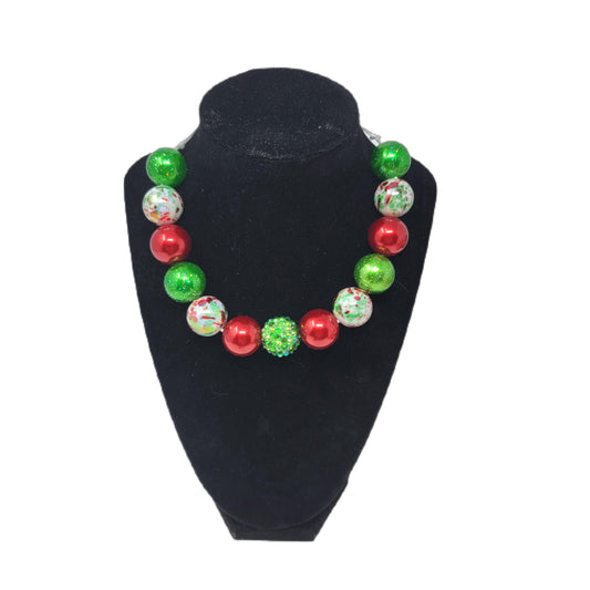 Green Red & Gold Glitter Bubblegum Necklace 13 Bead 