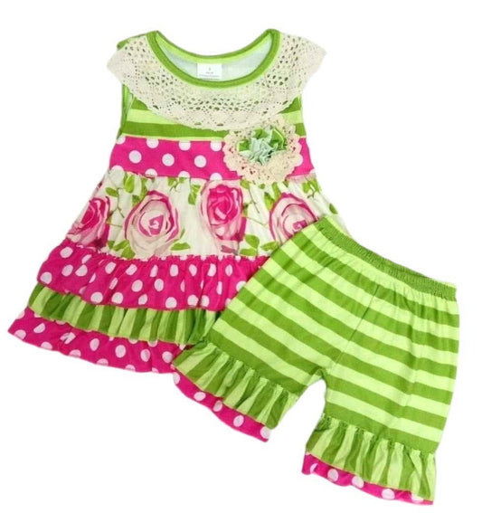 Green & Pink Floral Shorts Set