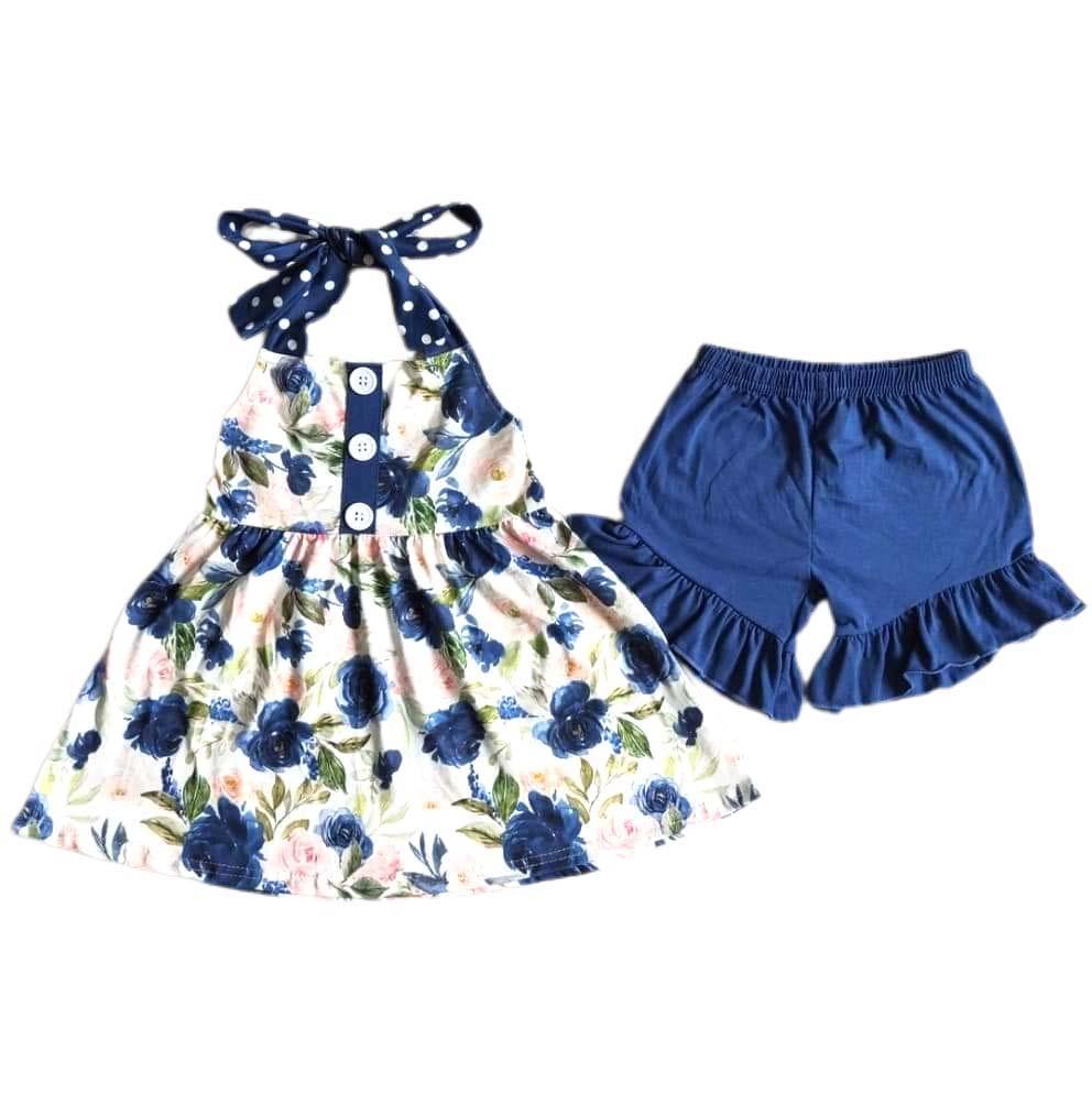 Blue & Pink Floral Shorts Set