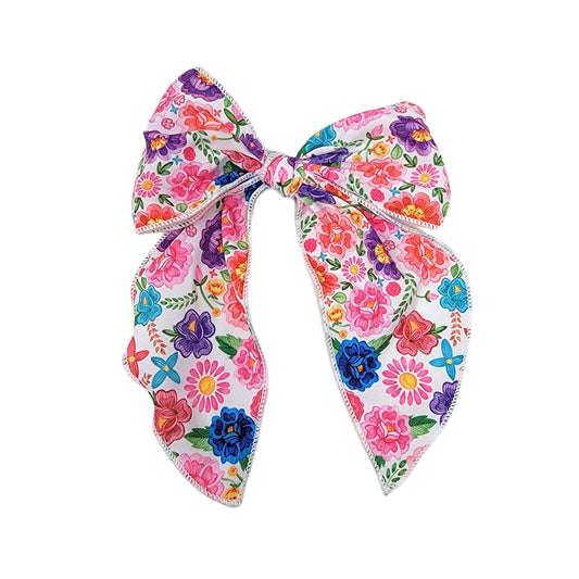 Mexican Floral Serged-edge Fabric Bow 5"