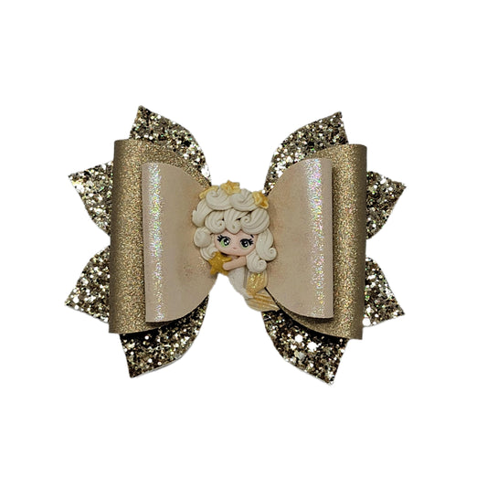 Antique Gold Glitter Mermaid Double Diva Elegant Bow 5" with Mermaid Clay