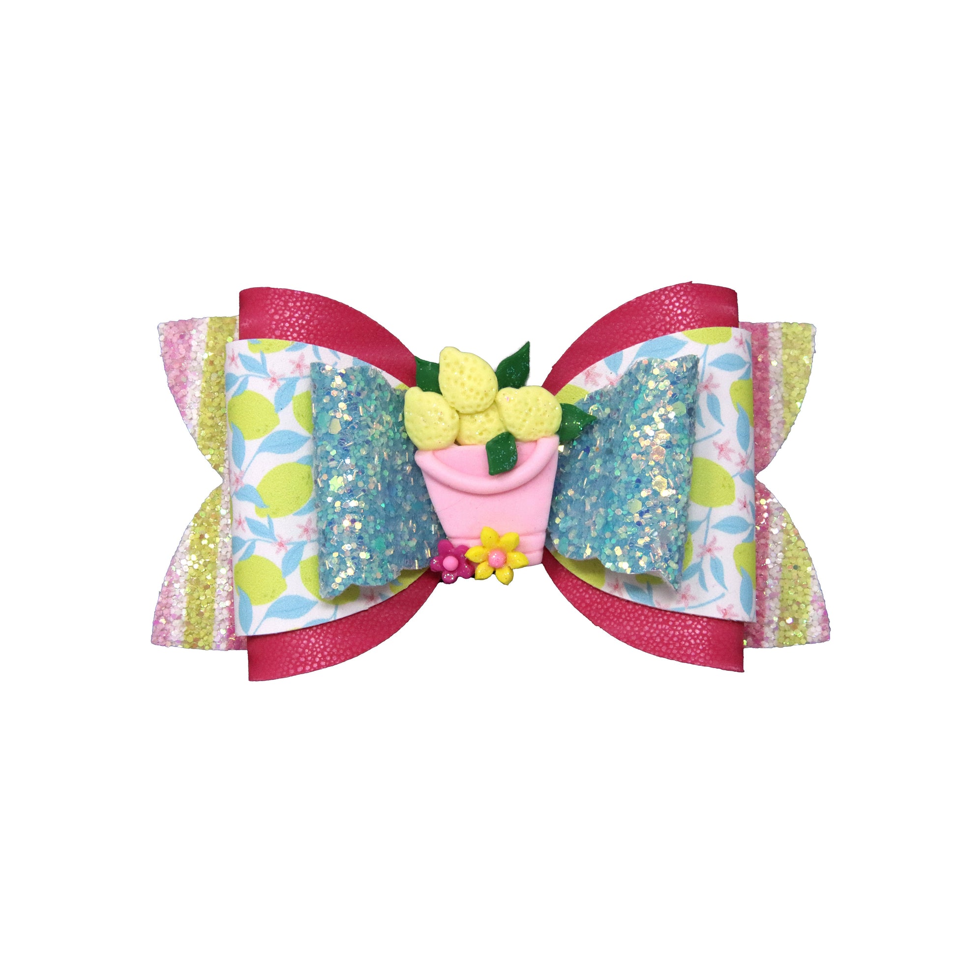 Lemonade Dressed-up Double Diva Bow 5" with Pail of Lemons Clay