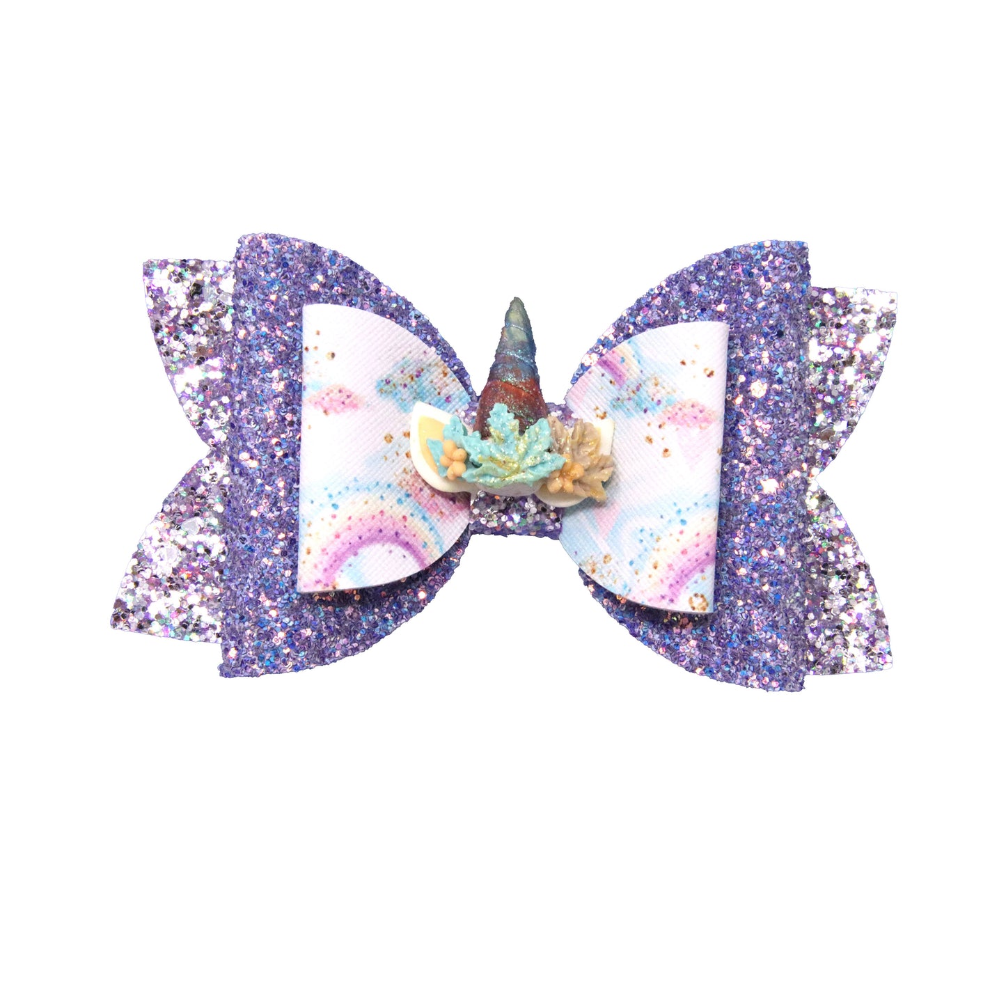 Double Diva Bow 5" with Teal Unicorn Horn Clay