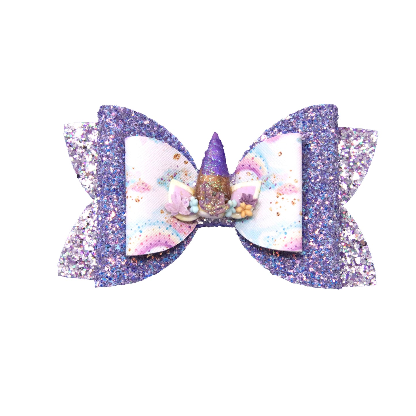 Double Diva Bow 5" with Purple Unicorn Horn Clay