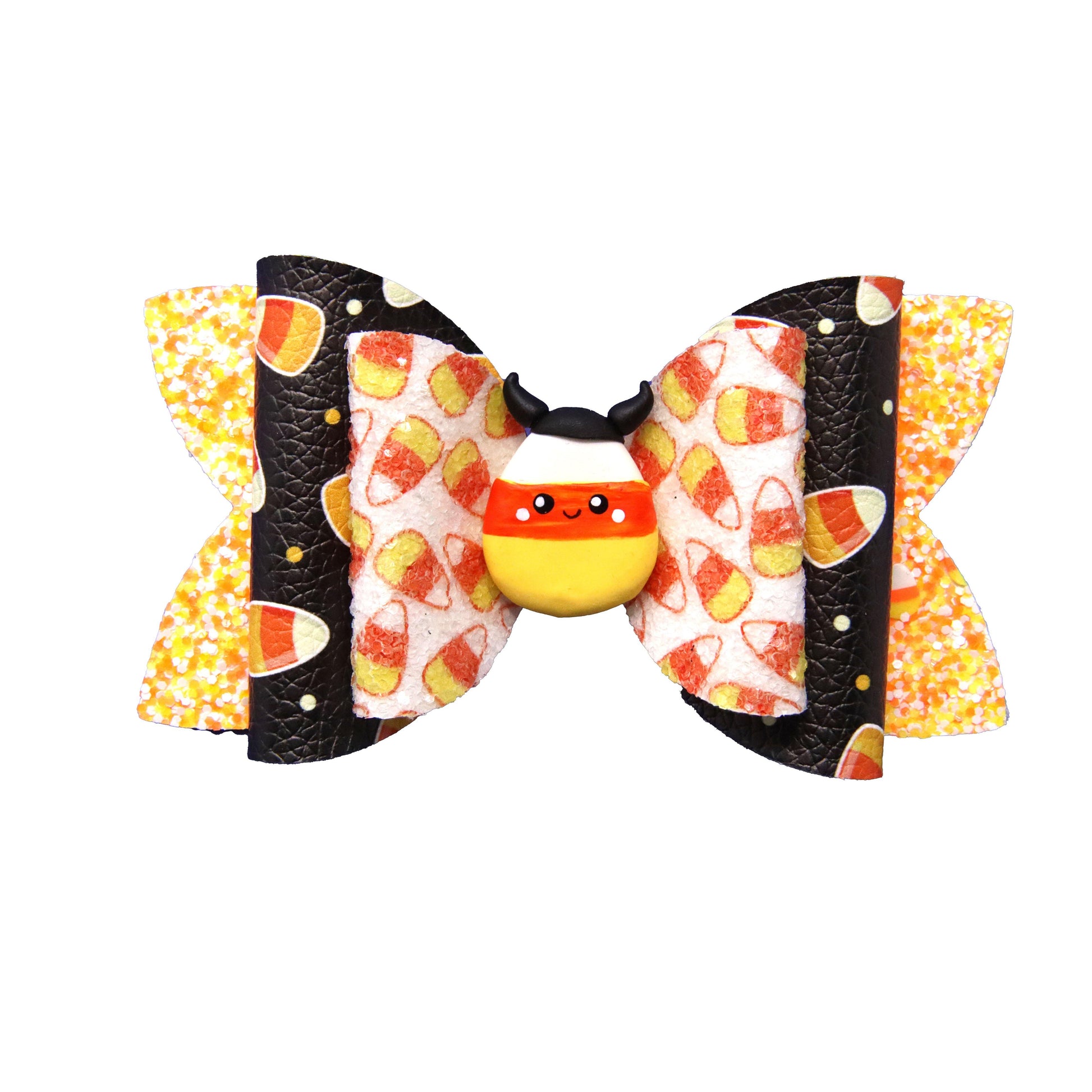 4 inch Candy Corn Double Diva Bow with Horned Candy Corn Clay