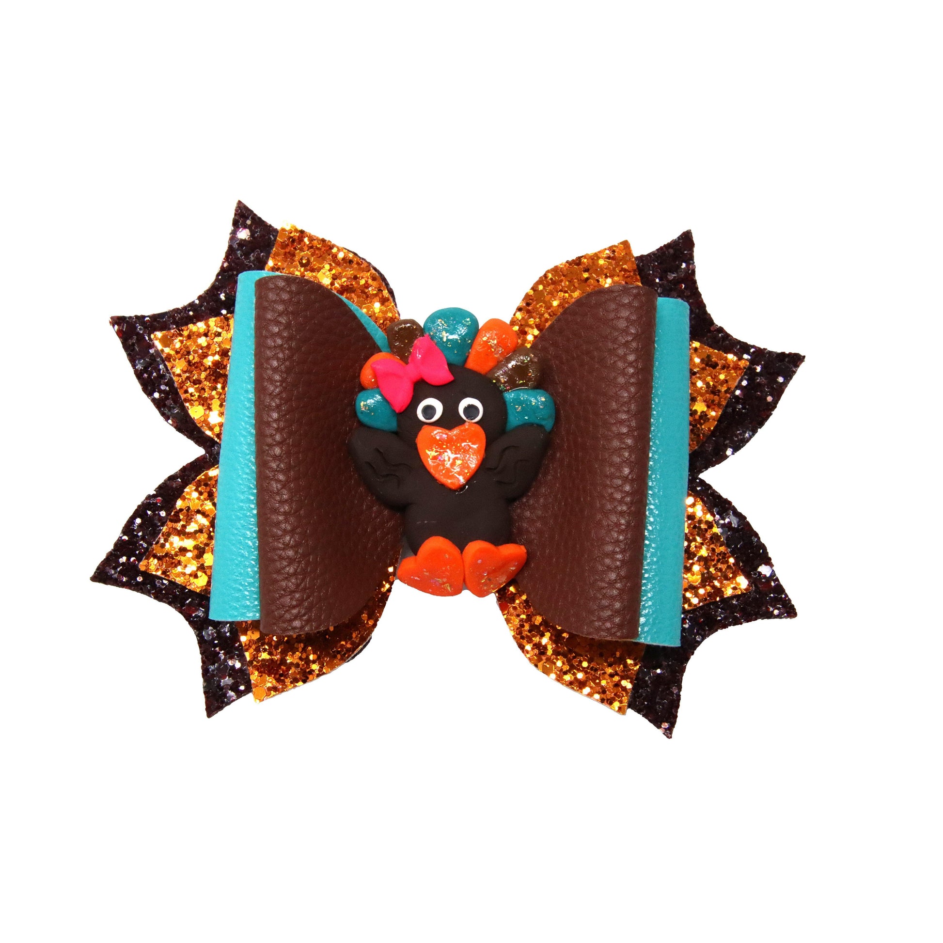 5.5 inch Brown & Teal Double Exquisite Bow with Turkey Clay