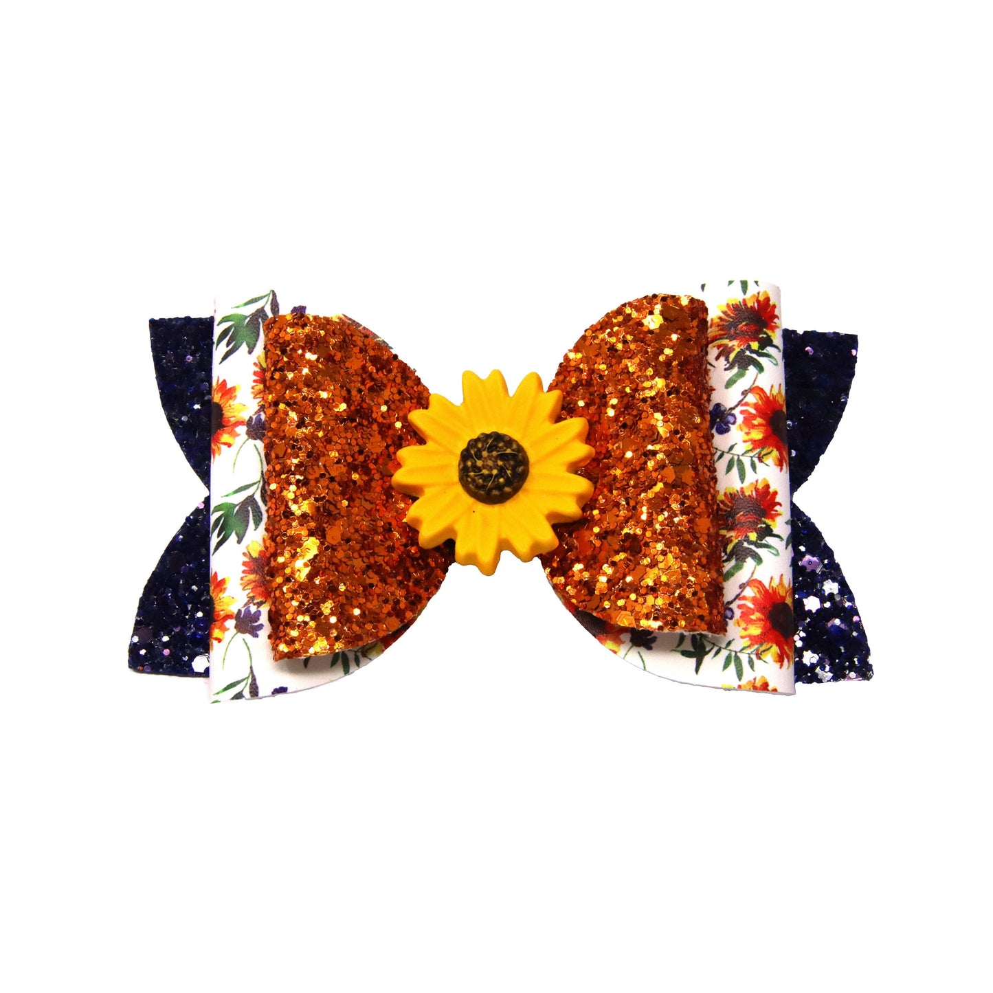 5 inch Sweet Sunflowers Double Diva Bow with Sunflower Clay
