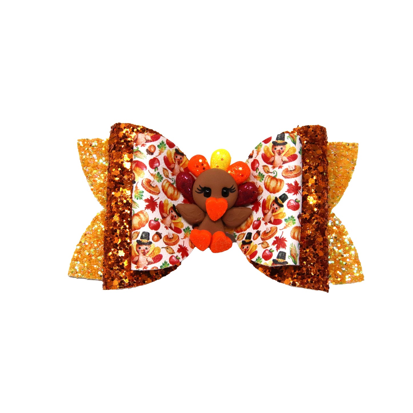 5 inch Harvest Feast Double Diva Bow with Turkey Clay