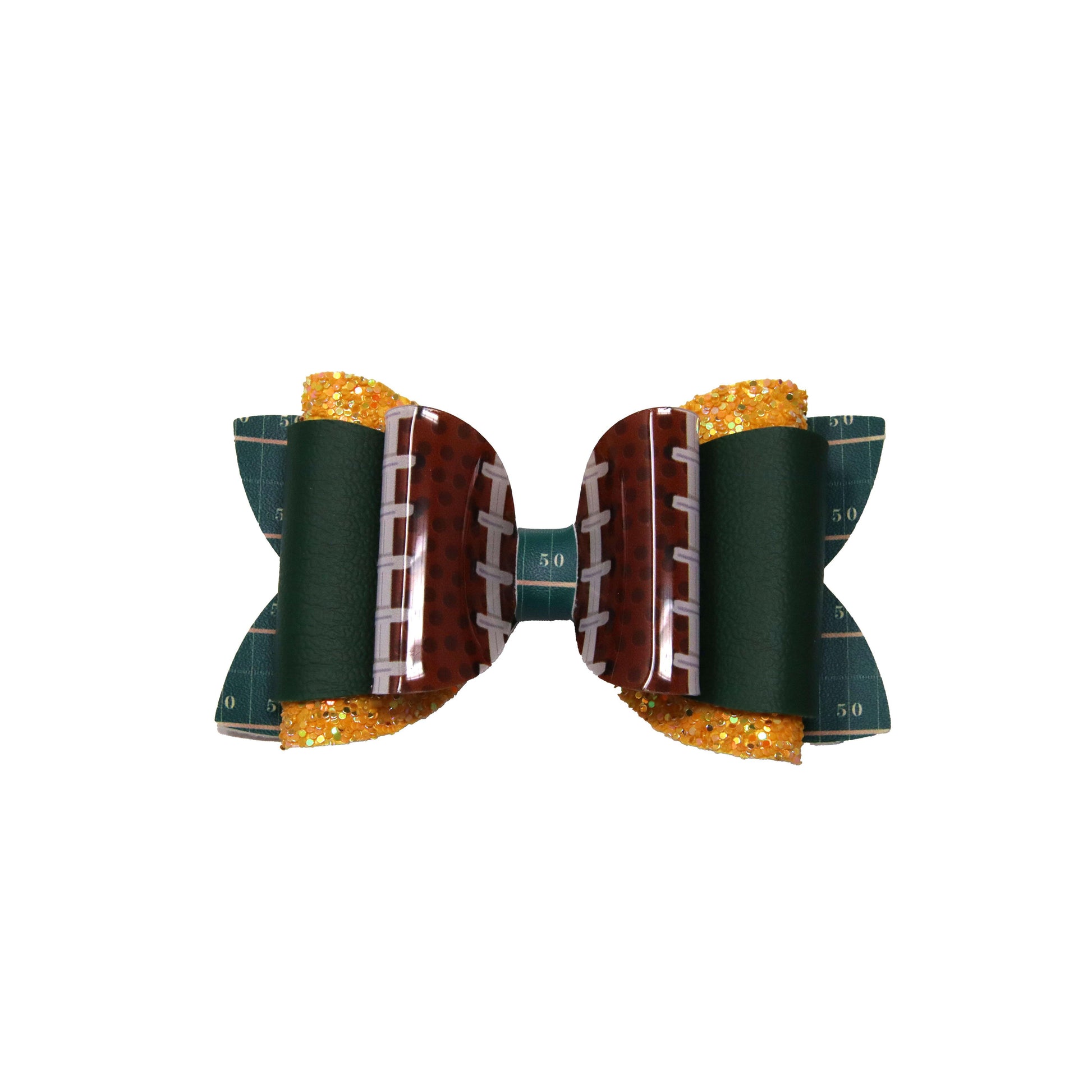 Green & Gold Football Dressed-up Double Diva Bow 4"
