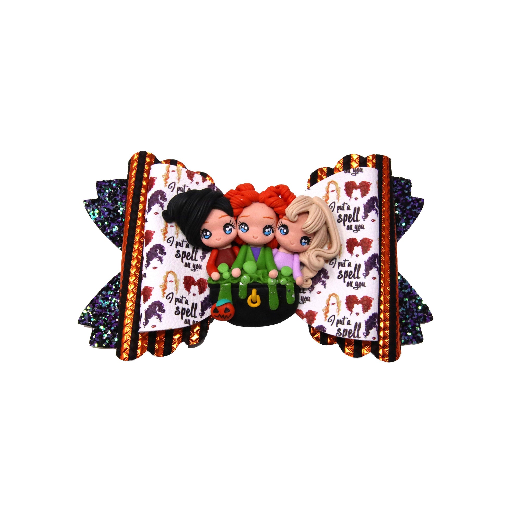 6" I Put a Spell on You Double Scalloped Daisy Bow with Witch Sisters Clay - Waterfall Wishes