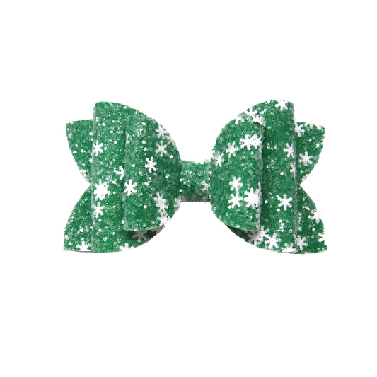 4 inch Green & White Snowflakes Glitter Double Diva Bow