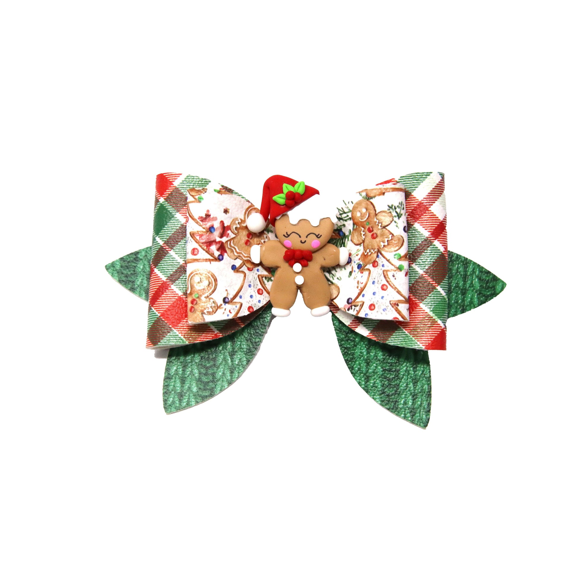 4.5 inch Gingerbread Man Plaid Double Harlow Bow with Gingerbread Man Clay