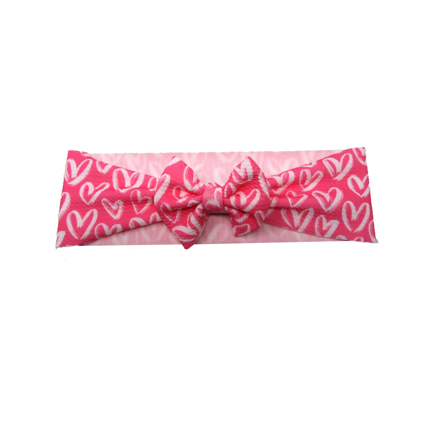 White Hearts on Pink Fabric Bow Headwrap 3"