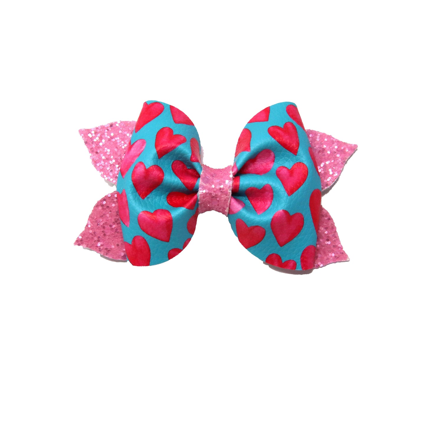 Red Hearts on Teal Pixie Pinch Bow 4"