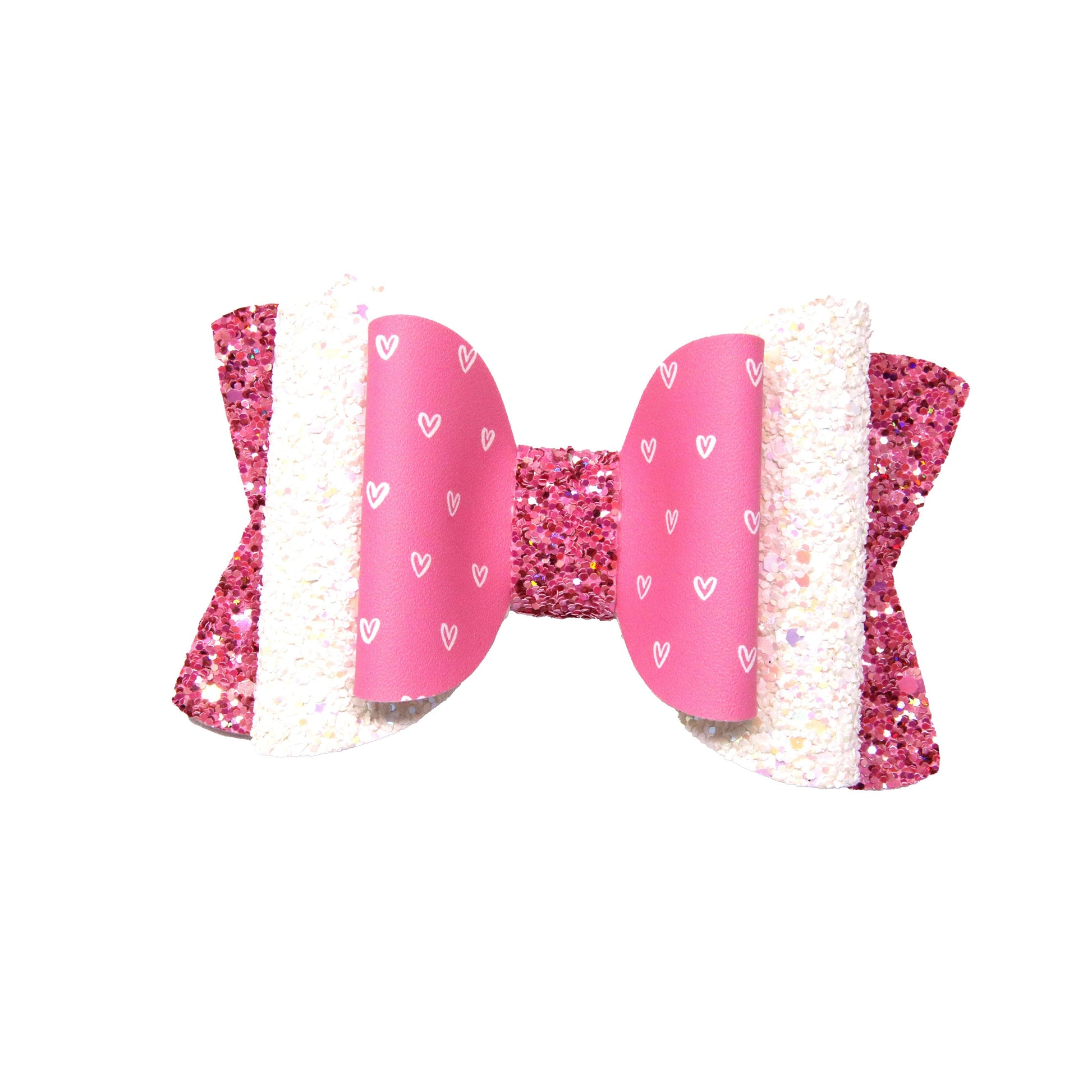 White Hearts on Pink Double Chloe Bow 4.5"