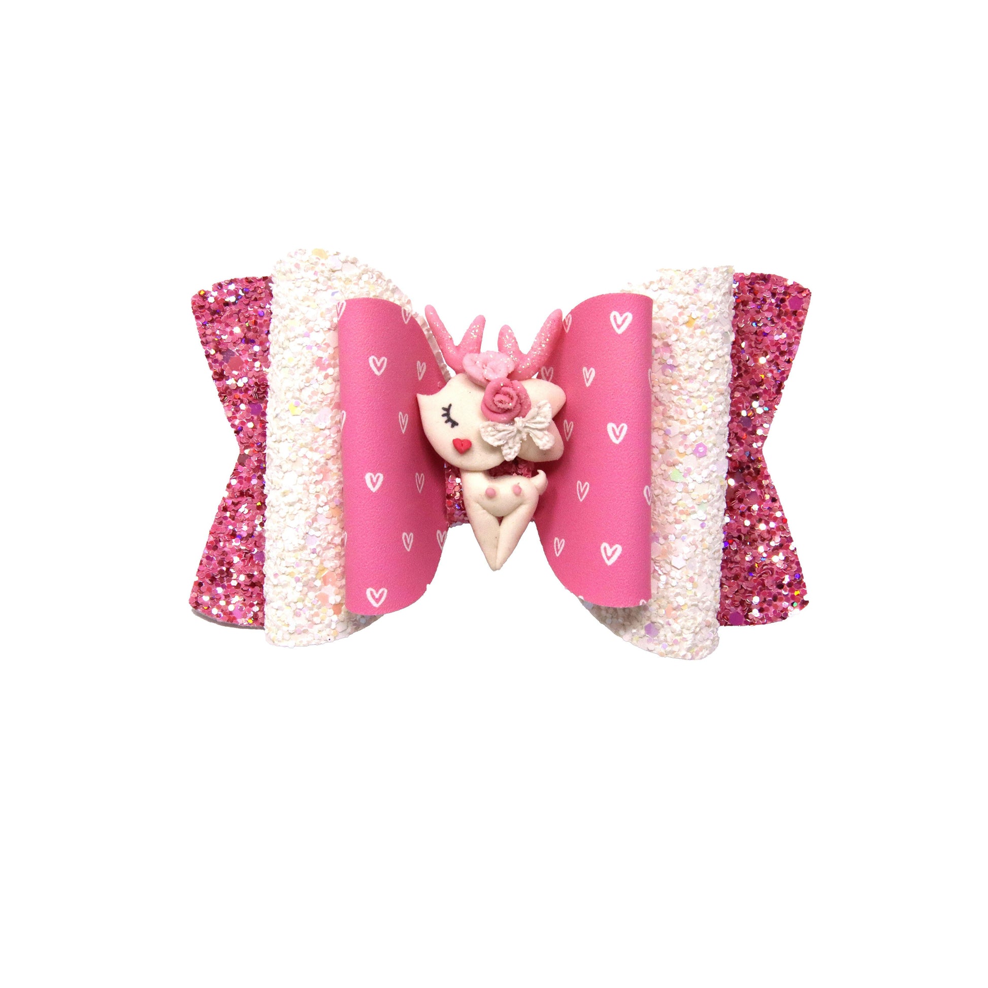 4.5 inch White Hearts on Pink Double Chloe Bow with Deer Clay
