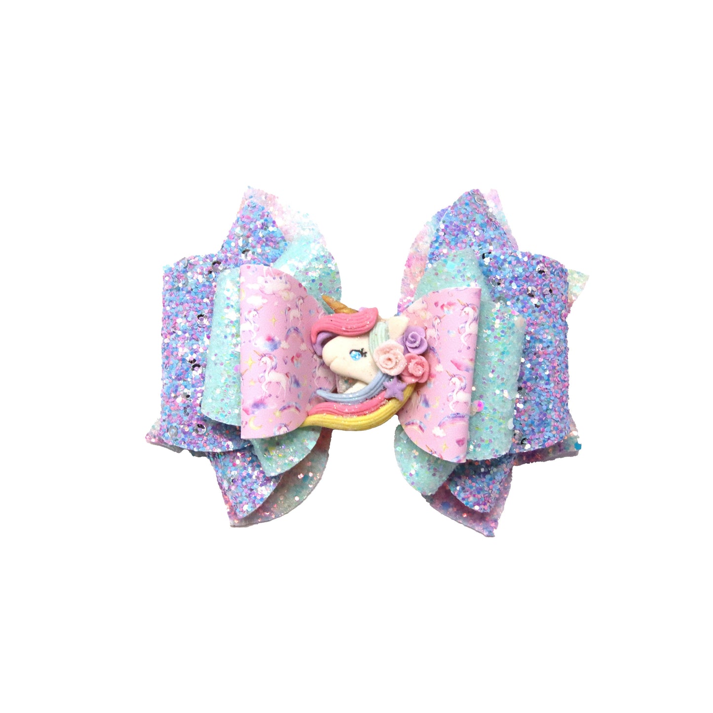 Unicorns & Rainbows Double Franchi Elegant Bow 5" with Unicorn Clay