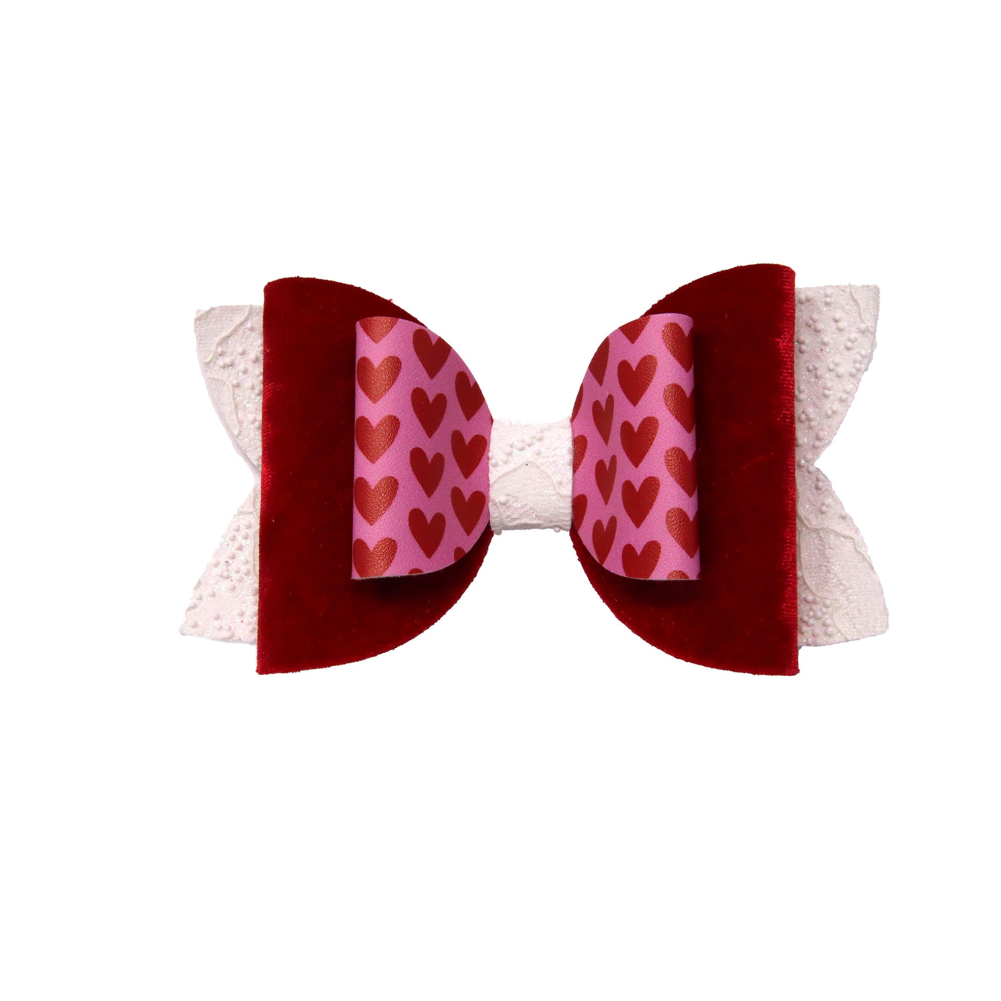 Red Hearts on Pink Double Diva Bow 5"