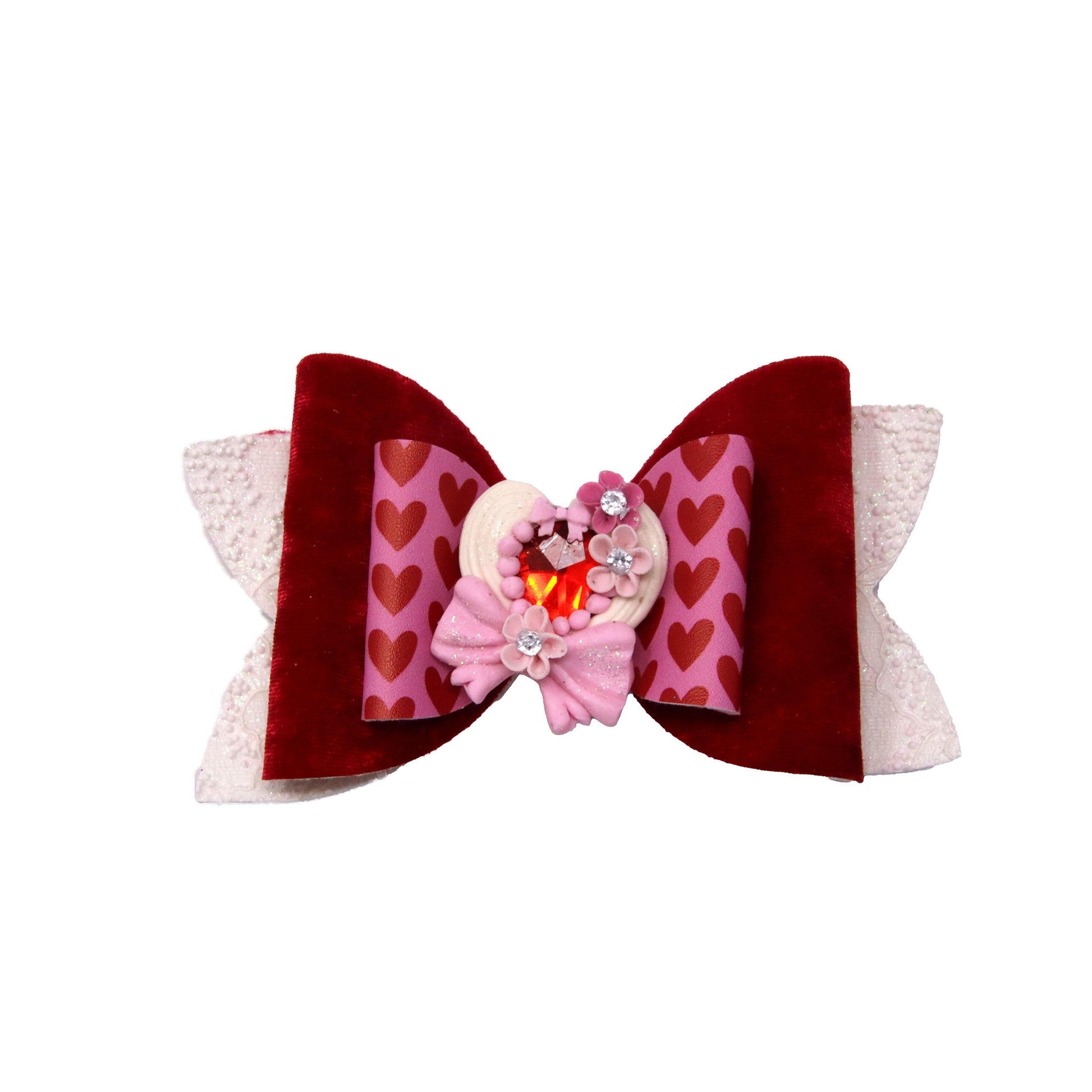 Red Hearts on Pink Double Diva Bow 5" with Bejeweled Heart Clay