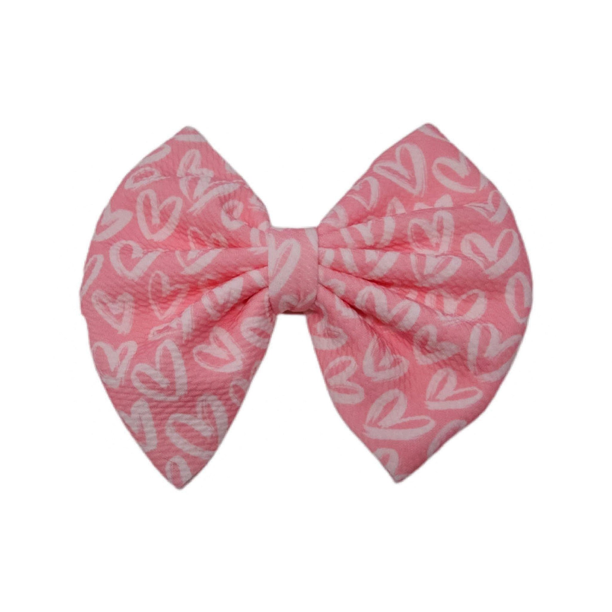 White Hearts on Pink Fabric Bow 7"