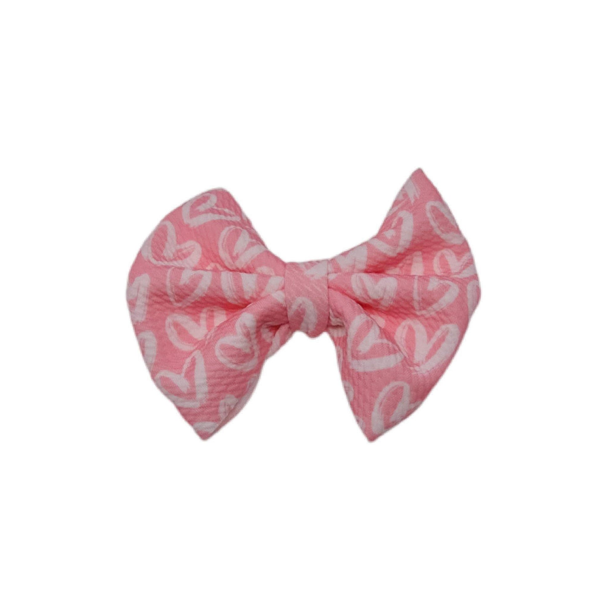 White Hearts on Pink Fabric Bow 5"