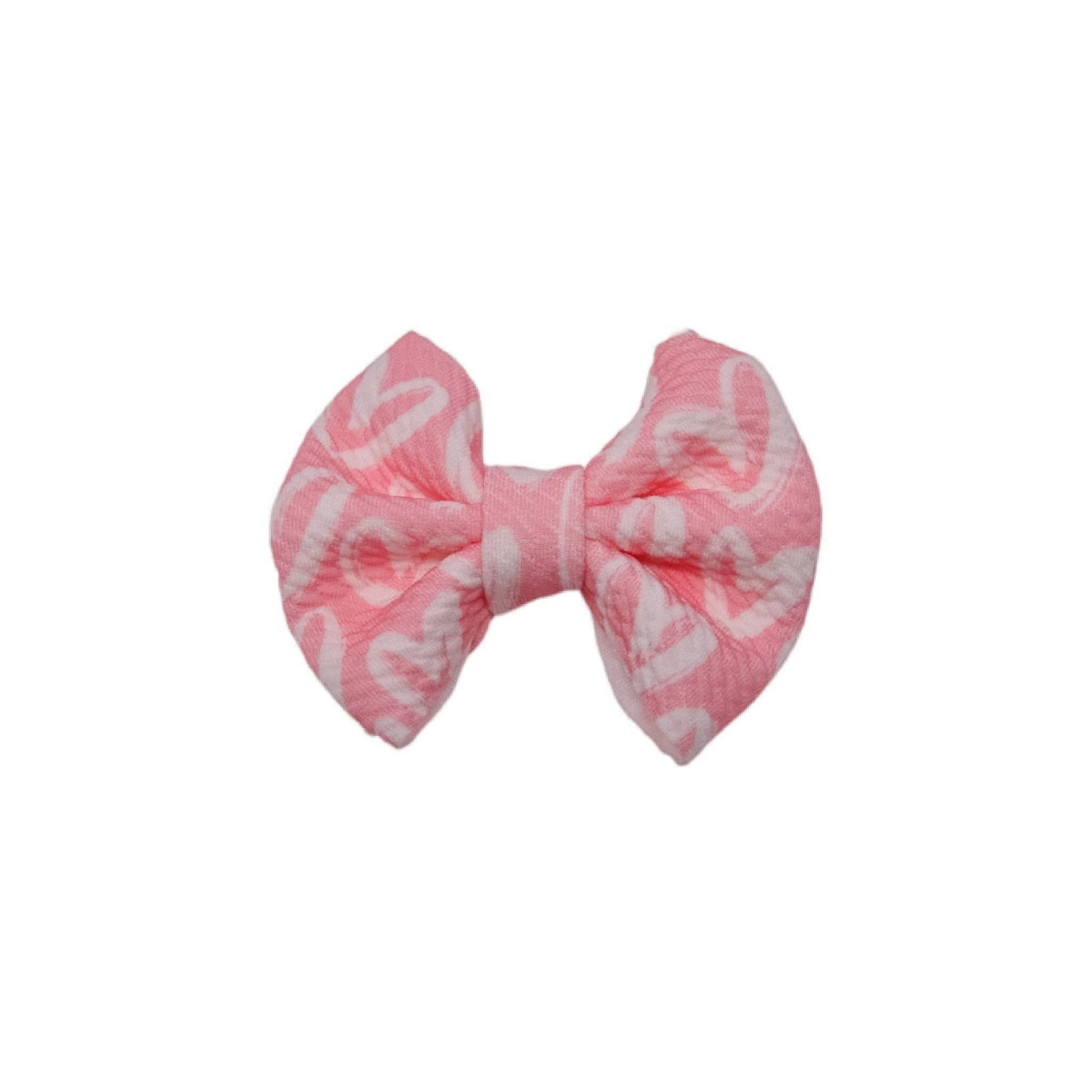 White Hearts on Pink Fabric Bow 3"