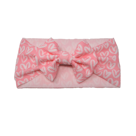 White Hearts on Pink Fabric Bow Headwrap 5"