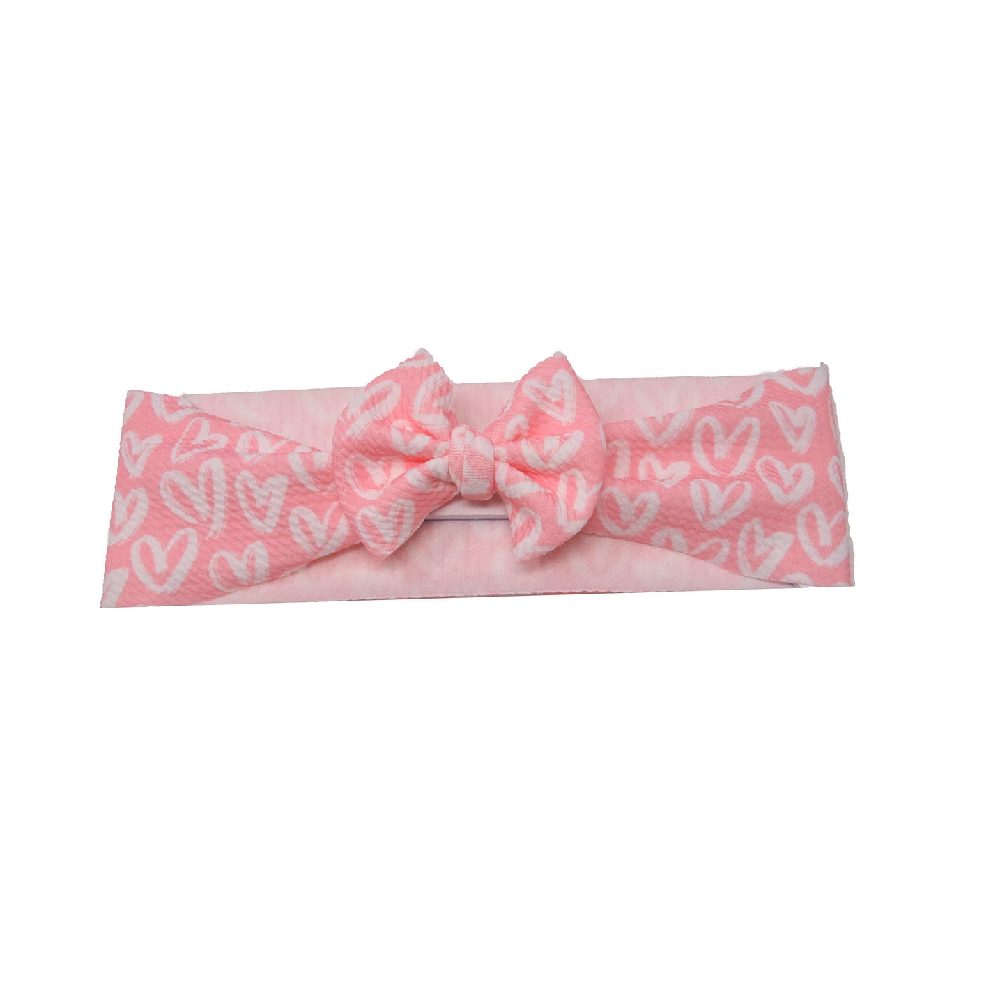 White Hearts on Pink Fabric Bow Headwrap 3"