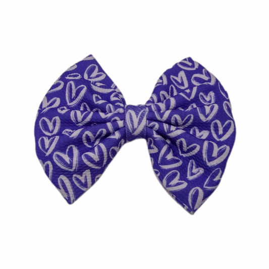 White Hearts on Purple Fabric Bow 7"