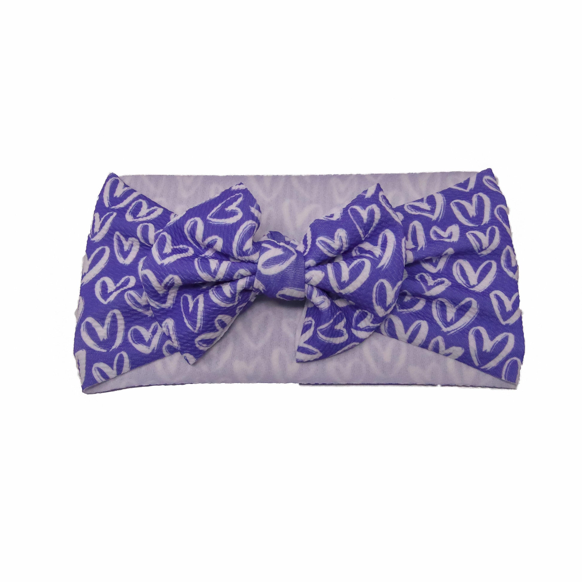 White Hearts on Purple Fabric Bow Headwrap 5"