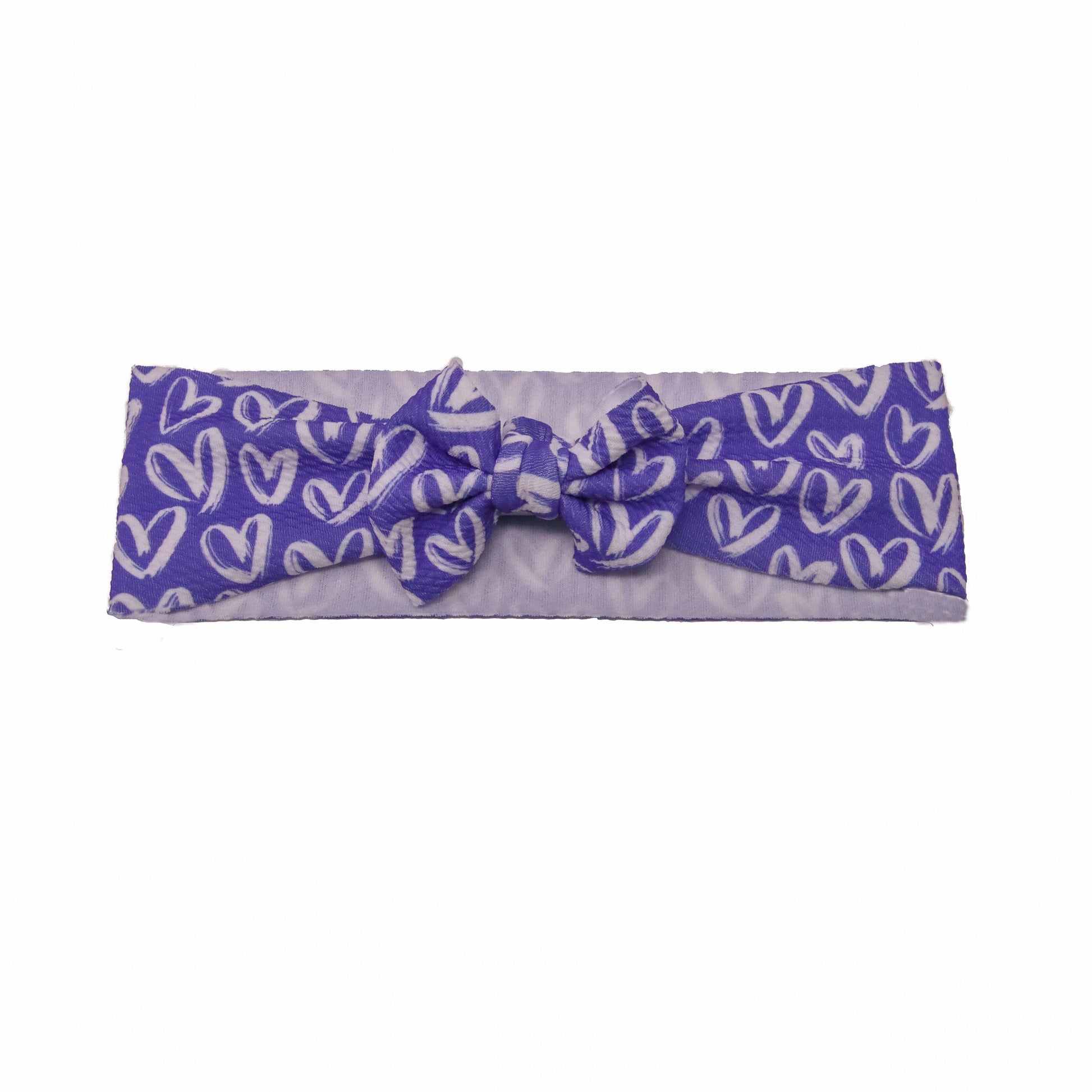 White Hearts on Purple Fabric Bow Headwrap 3"