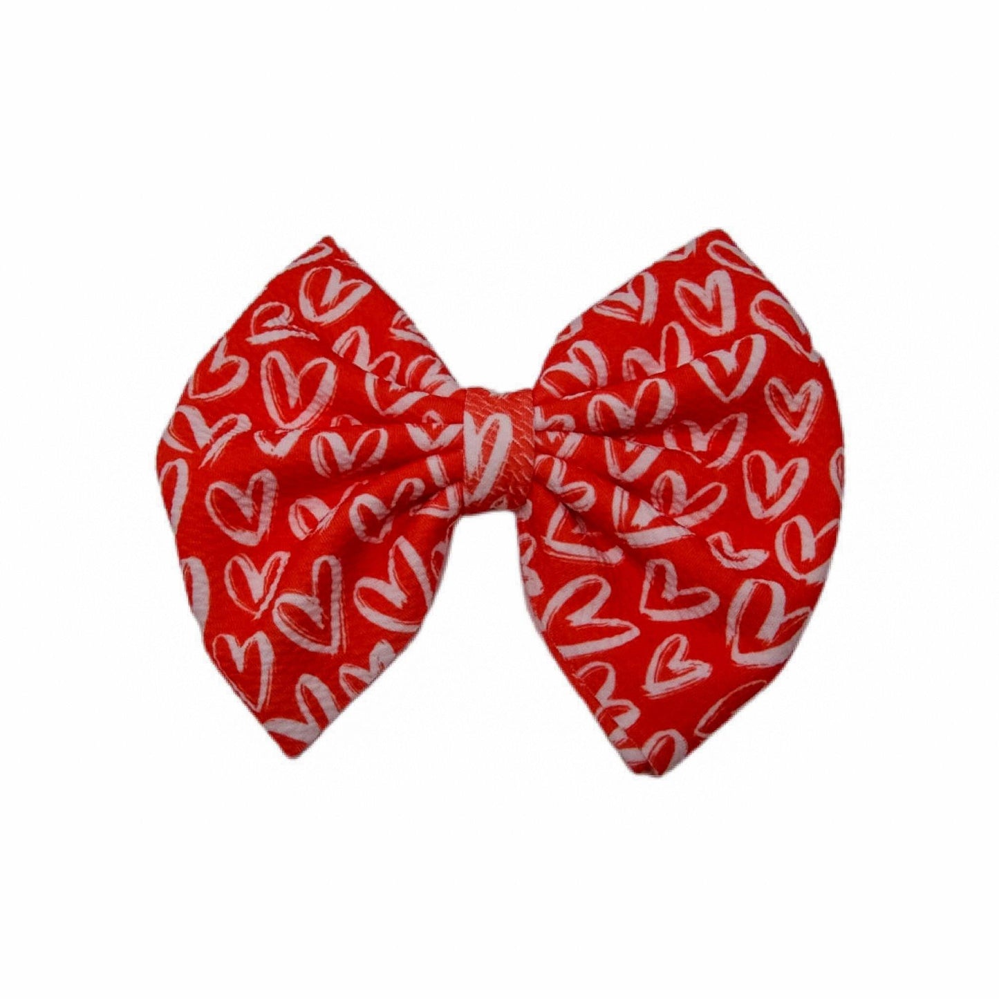 7 inch White Hearts on Red Fabric Bow