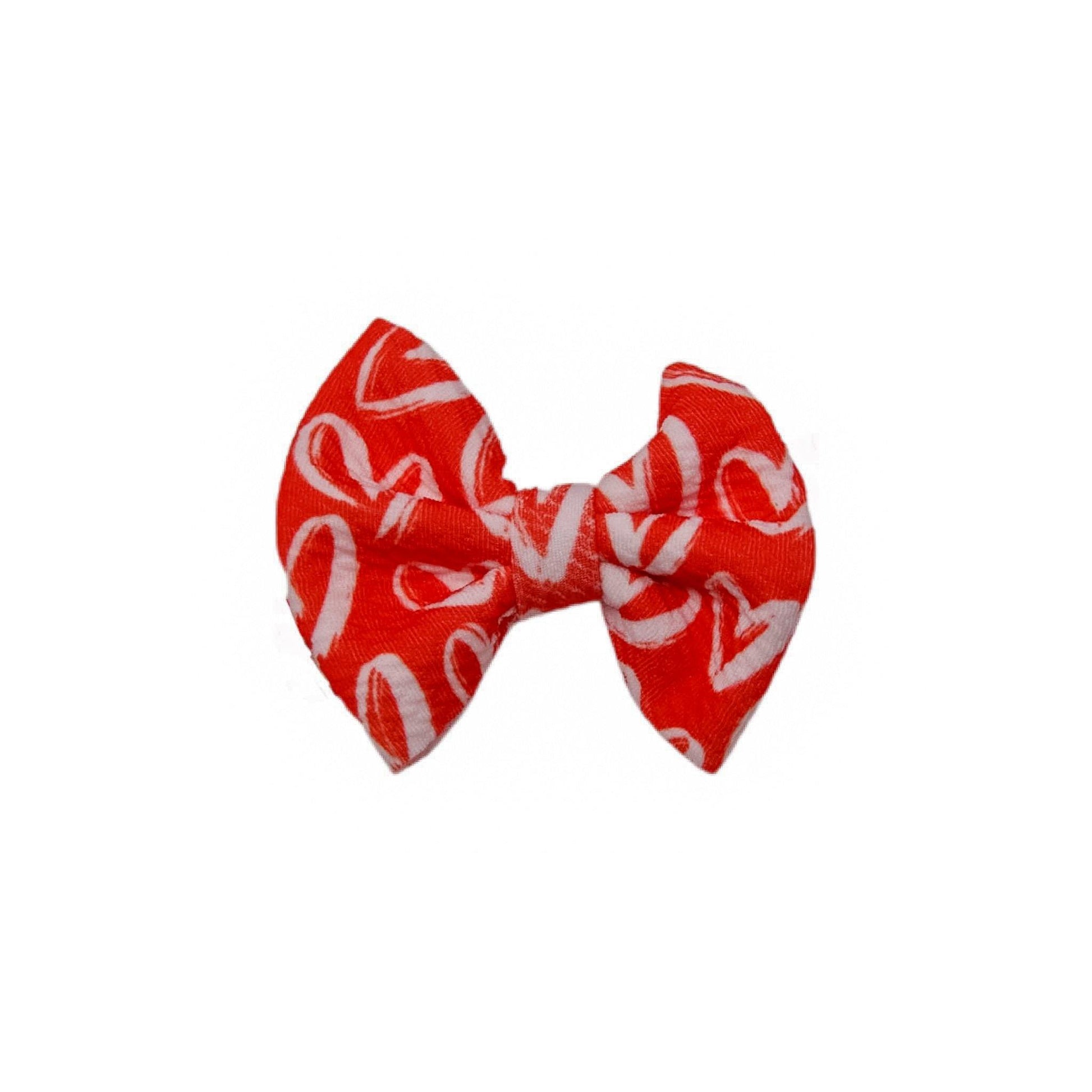 White Hearts on Red Fabric Bow 5"