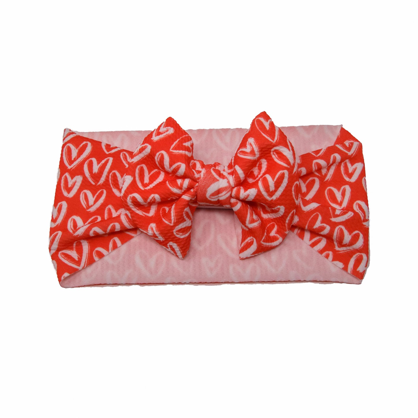 White Hearts on Red Fabric Bow Headwrap 5"