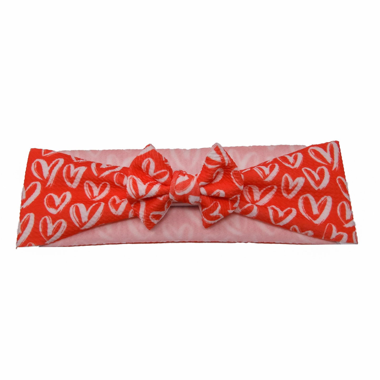White Hearts on Red Fabric Bow Headwrap 3"