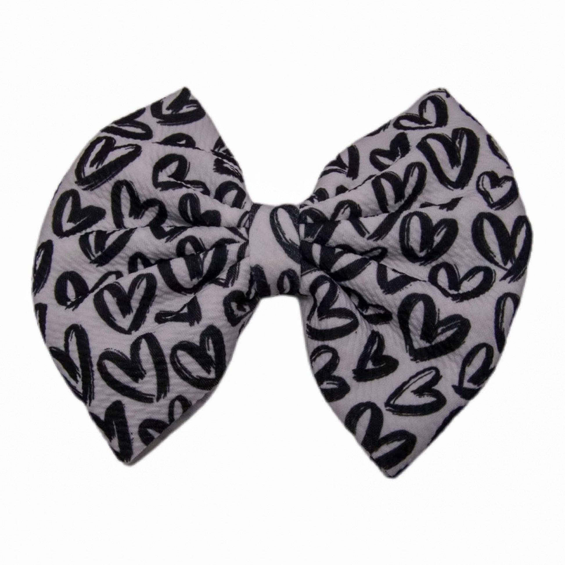 Black Hearts on White Fabric Bow 7"
