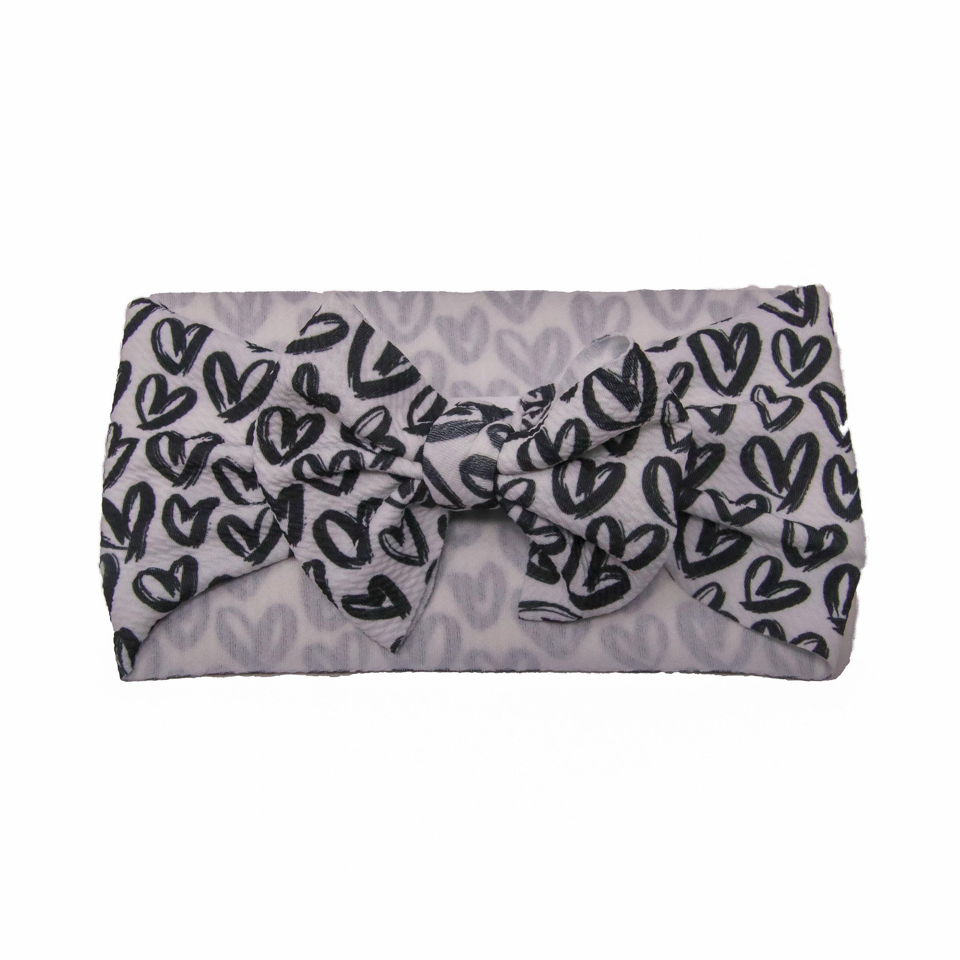 Black Hearts on White Fabric Bow Headwrap 5"