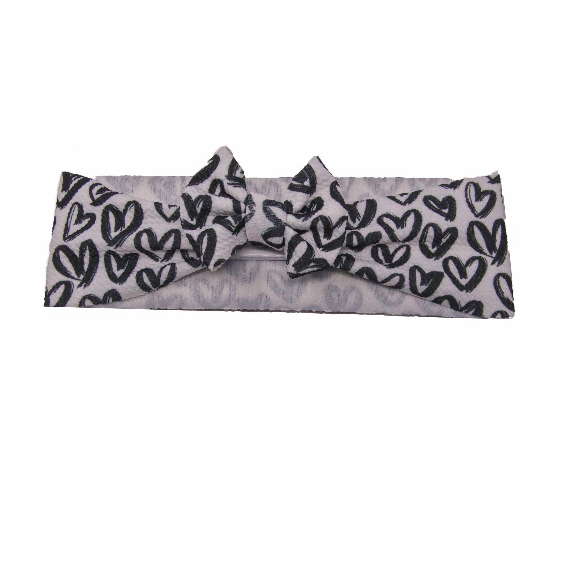 Black Hearts on White Fabric Bow Headwrap 3"