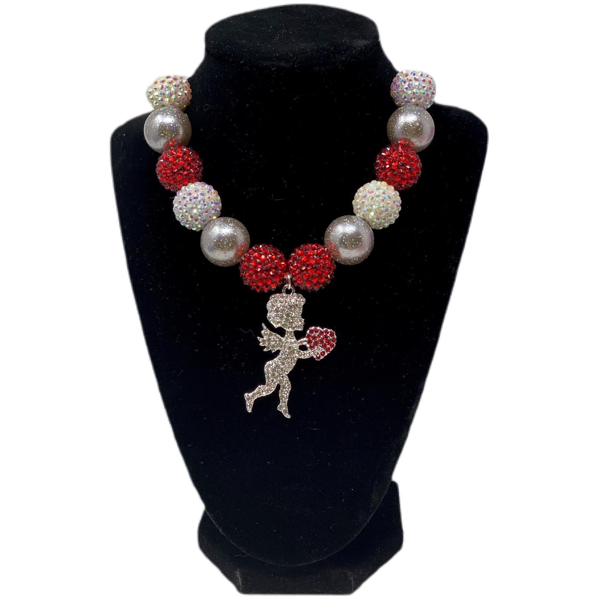 V-Day Bubblegum Necklace with Silver Cupid & Red Heart Pendant