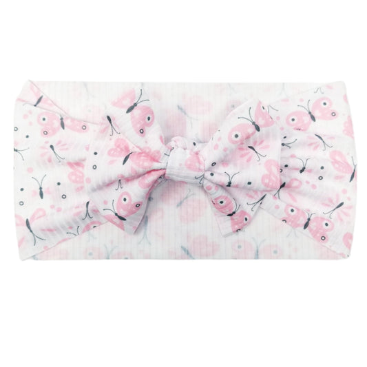 Pink Butterflies Rib Knit Fabric Bow Headwrap 5"